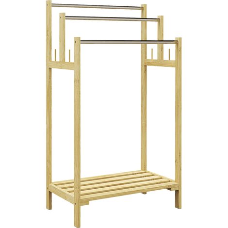 Porte-serviettes sur pied en bambou avec 3 barres en acier inoxydable et étagère ouverte, 50,5 x 31 x 90 cm, naturel (1/5)