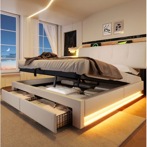 Lit capitonné moderne 140x200 cm en lin beige avec tête de lit rangement, USB/Type-C, LED et coffre hydraulique