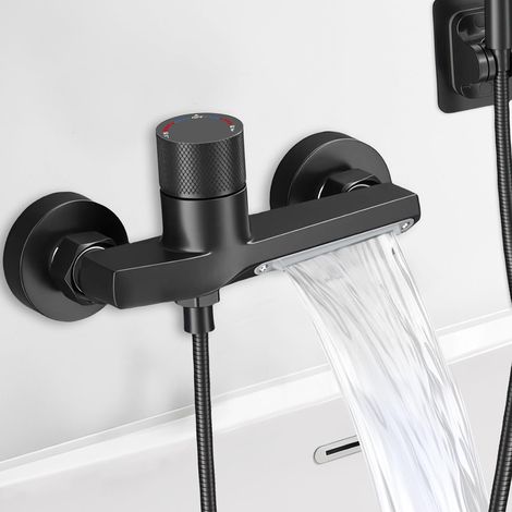 Mitigeur de Douche Thermostatique Mural Noir, Robinet Cascade en Laiton Massif, 2 Sorties d'eau, Raccord Standard Européen G1/2 pour Salle de Bain, Entraxe 150mm (1/5)