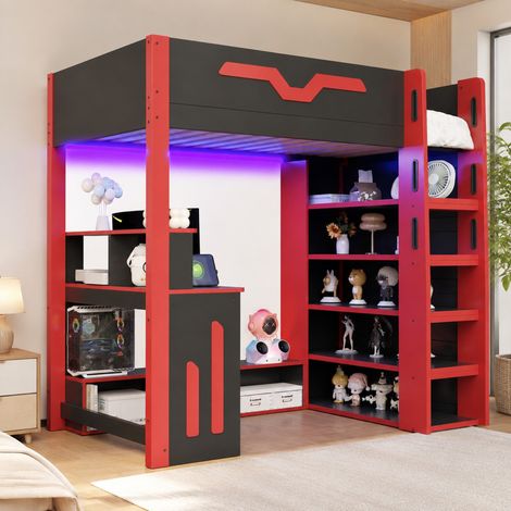 DESMIU Lit mezzanine 90 × 200 cm 1 place avec bureau, étagères, LED, sans matelas, en MDF, noir rouge (1/5)