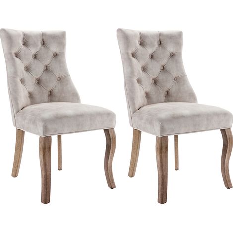 Chaise de salle à manger en velours beige clair, pieds en bois massif, dossier haut avec capitonnage à boutons, lot de 2 (1/5)