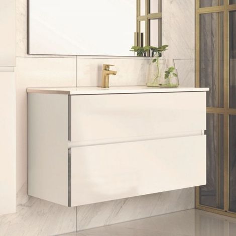 Mobile da bagno sospeso 100 cm con 2 cassetti e lavabo incluso colore bianco laccato - Mances