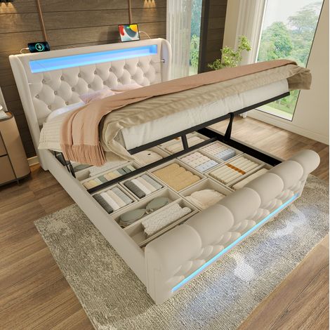 Letto matrimoniale 140x190 cm beige in velluto con LED, contenitore idraulico e porte USB-C (1/5)