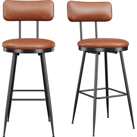 Pack de 2 Taburetes de Bar en Cuero PU, Sillas Altas de Cocina para Isla y Barra, Metal de Estilo Industrial con Respaldo 65 cm, Marrón (1/5)