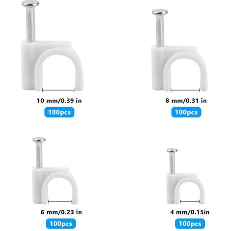 Packung mit 400 weißen, runden Kabelclips – Kabelmanagement-Clips – Wandclips für Kabel – 4 mm