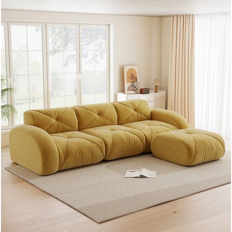 Divano modulare 3 posti in chenille giallo con pouf, configurazione a L, senza montaggio (1/5)