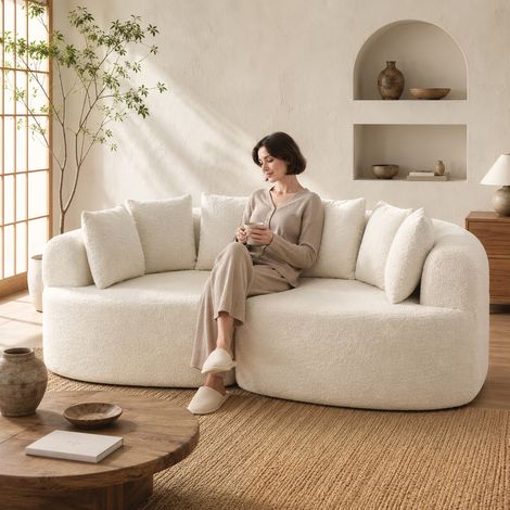 Canapé 3 Places Incurvé Chenille 188 cm, Assise Profonde, 6 Coussins, Rembourrage Épais, Crème (1/5)