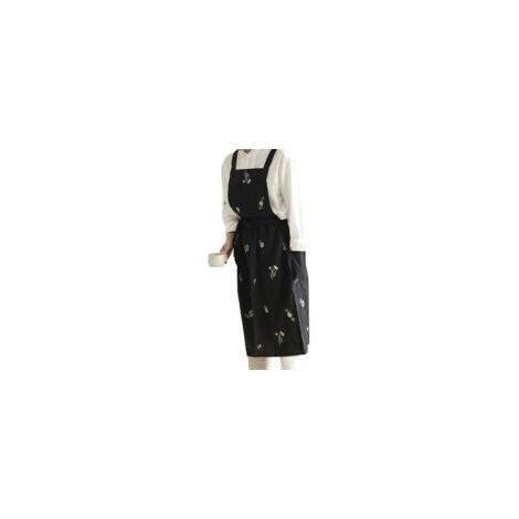 Tablier imperméable en coton et lin – Noir – Brodé – Style japonais, pour pâtisserie et café (1/5)