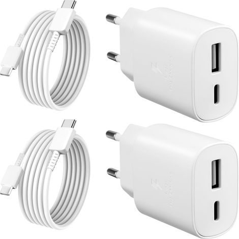 2 Pièces 25W Chargeur Rapide pour 16/16 Pro/16 Pro Max/16 Plus/15/15 Pro/15 Pro Max/15 Plus/iPad Pro/iPad Air, PD+QC Multiple Prise Secteur USB Type C Adaptateur et Câble USB C (1/5)