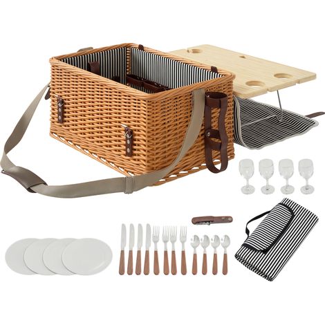 Panier pique-nique en osier 4 personnes, table à vin en pin panier de pique-nique avec sangle ajustable marron clair