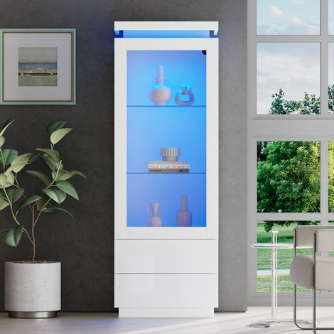 Vitrine Hochschrank (60 x 40 x 171 cm), mit 2 Schubladen, LED Beleuchtung, transparente Acryl Tür, Spanplatte, Weiß (1/5)