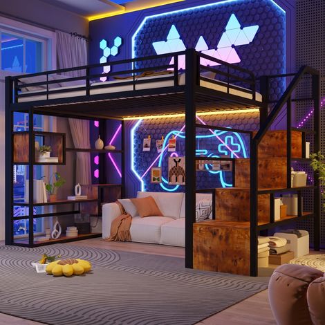 Lit mezzanine enfant 140x200cm en métal avec bande a LED,étagère de rangement,marche intégrée,barrières,échelle,cadre de lit superposé double,Noir (1/5)