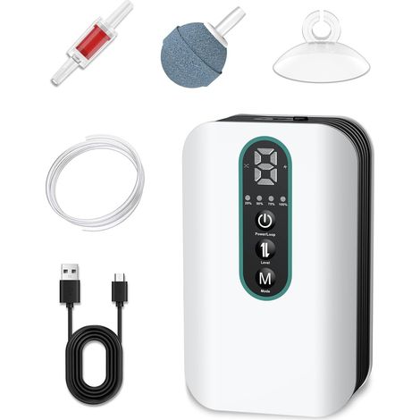Pompe à Air D'aquarium, Batterie Rechargeable pour Aquarium 19-380 L, Aérateur Portable pour Appâts Vivants, Pompe à Air Ajustable pour Pêche et Transport de Poissons