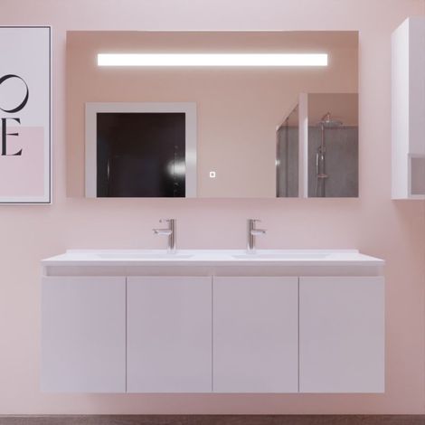 Cuisibane – Meuble sous vasque double 140 cm – Plan double vasque en résine – Miroir LED Elégance ht 80 cm – Pose suspendue ou sur pieds - ht80-