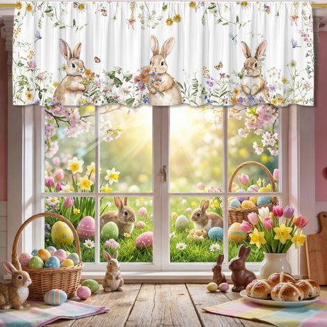 Cenefa de Pascua: 45,7 x 137 cm, dobladillo con bolsillo para barra, motivo de conejo y huevo: decoración clásica de estilo campestre para la primavera. (1/5)