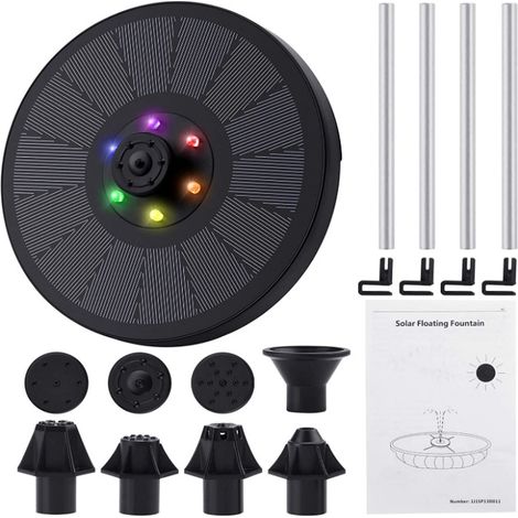 Kit Fontaine Solaire Flottante 7 Buses + Lumières LED - Pompe Solaire Économique pour Jardin, Bassin Extérieur, Bain d'oiseaux & Aquarium (1/4)