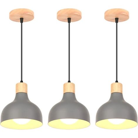 3x Lustre Suspension Intérieur Moderne 15cm,E27 Lampe de Plafond Industriel Retro Lampe Luminaire Vintage en Bois Métal,Gris (1/5)