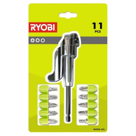 RYOBI Kit 10 embouts plus 1 renvoi d'angle pour Perceuses - Visseuses