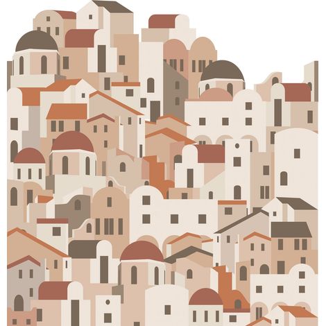 Papier peint panoramique maisons méditerranéennes terracotta – 200 x 279 cm – Intissé avec impression écologique – Pose facile sans table à tapisser – Estahome (1/5)