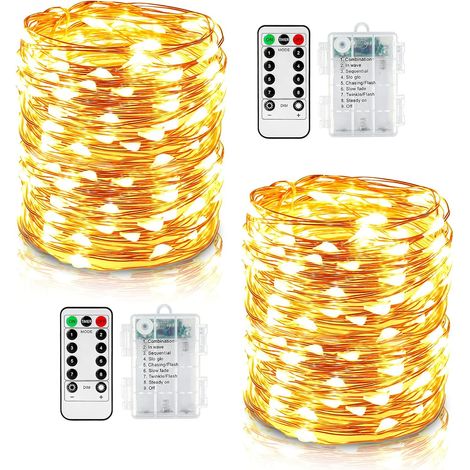 Juego de 2 guirnaldas de luces, 10 m, 100 LED, cable de cobre, 8 modos, resistente al agua IP67, control remoto, temporizador, para interiores y exteriores. (1/5)