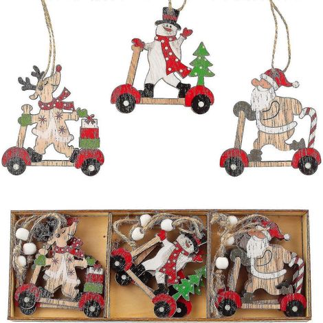Ornement de Noël en bois représentant un vieil homme avec boîte (scooter) 9 pièces Bd (1/5)