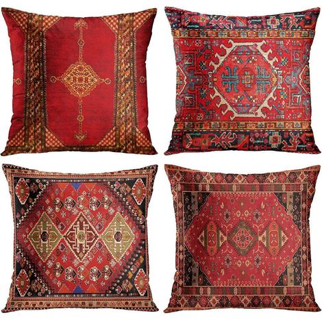 Ensemble de 4 housses de coussin décoratives 45 x 45 cm (18 x 18 pouces) pour canapé, fauteuil ou extérieur. Motifs tribaux rouges et colorés. (1/4)