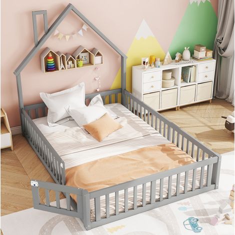 Cama infantil 140/190 cm gris de pino y MDF con diseño de chimenea y barandillas (1/5)