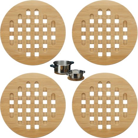 Dessous de plat ronds bambou lot de 4 dessous de verre casserole poele bois 20 cm diamètre, nature (1/5)