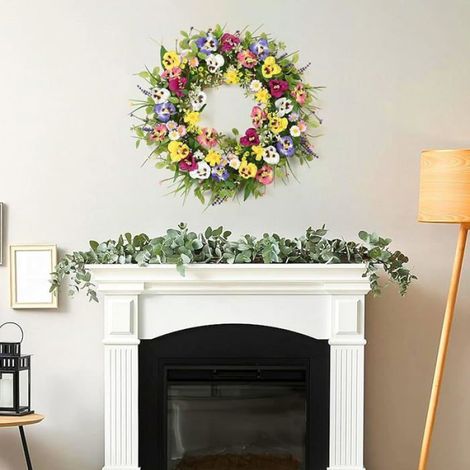 Couronne de Printemps pour Porte d'Entrée 51 cm Grande Couronne Artificielle Fleurs de Pensée Multicolores, Lot de 1 Pièce (1/5)