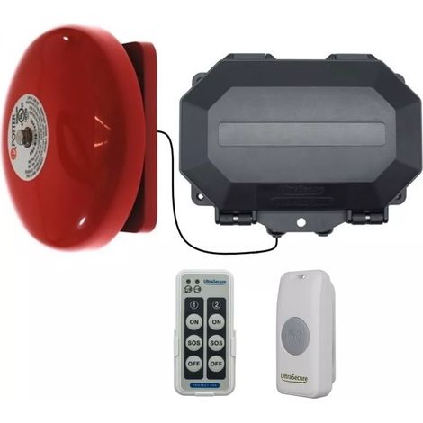 Ultra Secure – Sonnette armable extérieure sans fil 800m – Récepteur IP56 avec télécommande – Cloche industrielle 100dB pour entrepôts et grandes maisons (1/5)