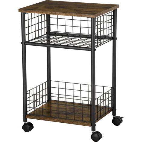 Chariot de cuisine de style industriel avec 1 étagère, 1 panier de rangement et 4 roues. Dimensions : 40 cm x 30 cm x 62 cm. Matériaux : acier, noir et marron. (1/5)