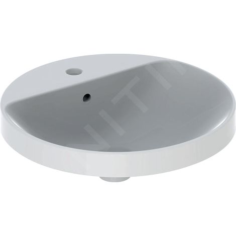 FP – Lavabo encastré rond 48 cm – Céramique sanitaire blanche – Plan de robinetterie centré – Trop-plein visible – Bassin profond (1/6)