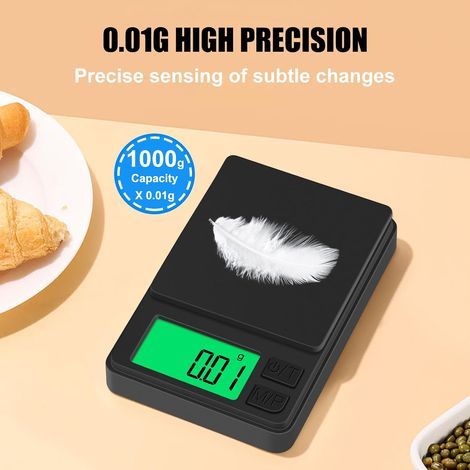 Digitale Taschenwaage 1000 g x 0,01 g, tragbare Präzisionswaage für Schmuck mit Schutzhülle, hintergrundbeleuchtetem LCD-Display, 7-stufiger Tara-Funktion, für Lebensmittel, Küche, Kaffee, inklusive B (1/5)