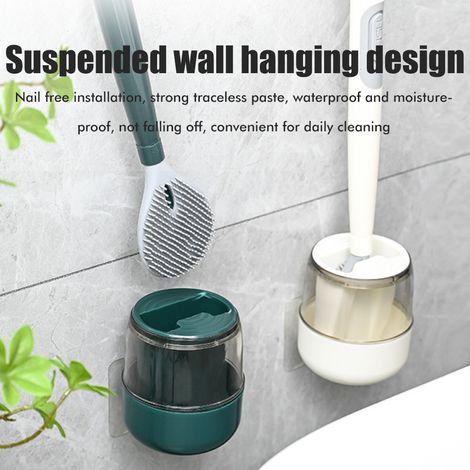Brosse WC en silicone murale avec support, application de liquide, nettoyage facile des recoins. (1/5)