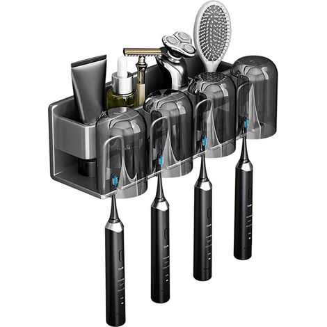 Porte-Brosse à Dents Mural en Aluminium, Support Brosse a Dent, Dentifrice, Rasoir Organisateur, Porte Brosse à Dents Adhésif avec 4 Tasses Support + 4 Fentes Têtes de Brosses à Dents Étagère - Gris (1/5)