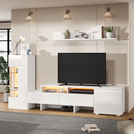 Ensemble de meubles de salon, avec éclairage LED, meuble TV moderne (sur pied et mural), portes d'armoire en acrylique, cloison en verre, blanc (1/5)
