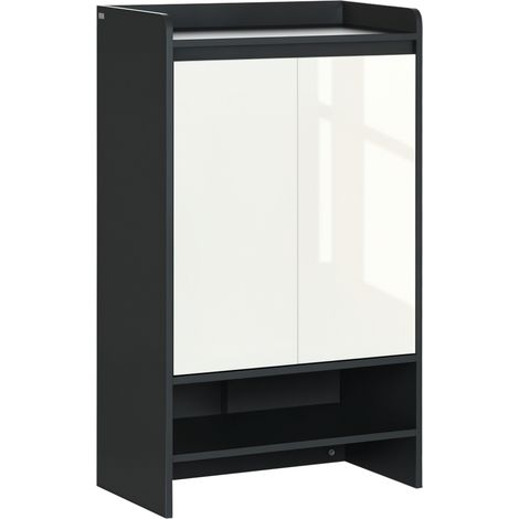 High Gloss Grey Shoe Cabinet with White Doors and Open Shelves,Stylish Storage Organizer for 15 Pairs of Shoes