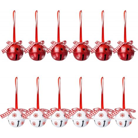 Ensemble de 12 cloches de Noël et grelots, décorations d'arbre de Noël, motif flocon de neige, ornements pendentifs de clochette rouge et blanc
