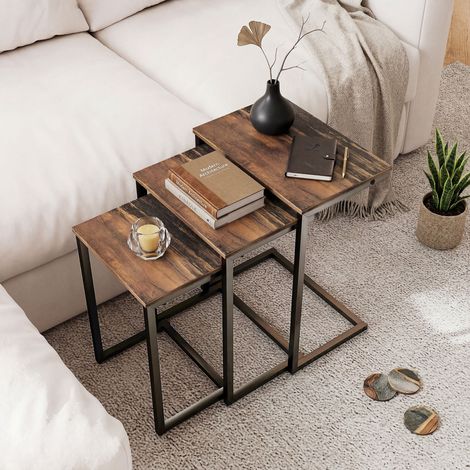 Tables gigognes, tables d'appoint, lot de 3, style industriel, structure en acier, marron et noir, 45 x 30 x 60 cm