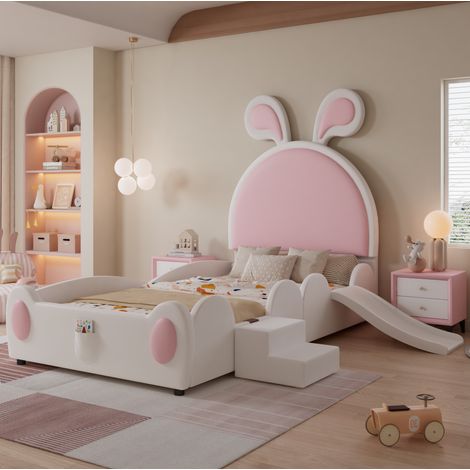 Lit simple enfant 90x200 cm, cadre de lit avec toboggan et petit escalier, rembourré tête de lit oreilles de lapin rose (1/5)