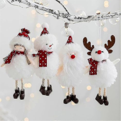 Peluche de Noël, pendentif ange et bonhomme de neige, Père Noël, poupée bonhomme de neige, décoration de sapin de Noël, blanc, rouge, lot de 4 (1/3)