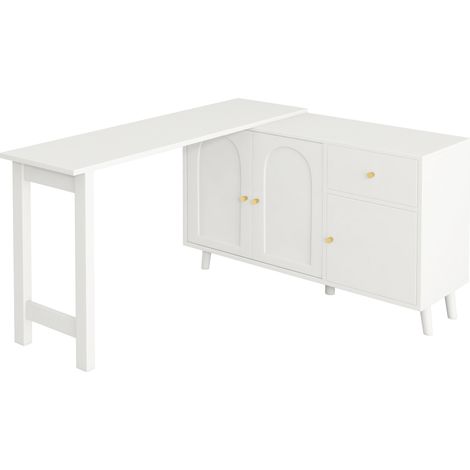Bureau multifonctionnel 2-en-1 avec côté meuble, plateau pivotant 360°, 3 portes et 1 tiroir, blanc avec accents dorés (1/5)