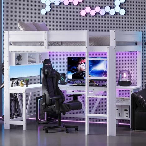 Lit mezzanine gaming en bois 90x200cm avec bureau, compartiments de rangement, éclairage LED et station de recharge, blanc, garantie 2 ans
