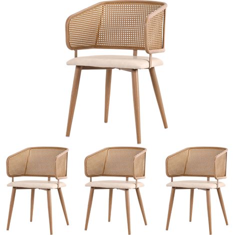 Lot de 4 chaises de salle à manger, chaises de cuisine et salon cannage rotin et velours, chaises rétro pieds en métal effet bois, beige marron (1/5)