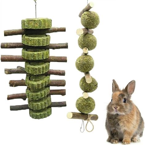 Lot de 2 jouets à mâcher pour lapins et rongeurs, jouets à ronger en bois de pommier et herbe pressée, occupation pour lapins, cochons d'Inde, hamsters et chinchillas (1/5)