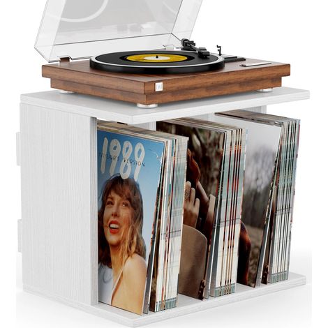 Support de Rangement pour Tourne Disque Vinyle Étagère Murale Jusqu'à 100 Albums, 3 Compartiments Meuble Platine Vinyle pour Salon Bureau Décoration (Vintage Blanc) (1/5)
