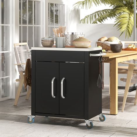 Desserte de cuisine en fer noir avec placard, plateau inox, roulettes et 6 crochets 86x50x86,5 cm (1/5)
