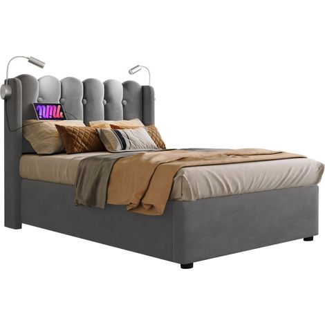 Lit coffre 1 place 90x200 en velours gris, tête de lit avec liseuse orientable et port USB, sommier à lattes relevable, rangement sous lit - FLORAGRACE (1/5)