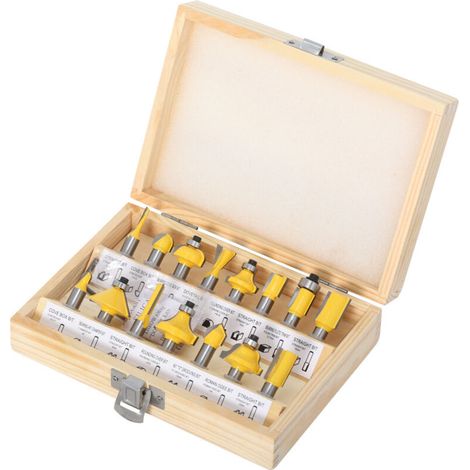 Set di 15 punte per fresa in carburo di tungsteno con gambo da 8 mm per la lavorazione del legno, con chiave gialla.