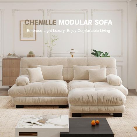 Canapé Cloud pour salon – 2 coussins lombaires, 2 oreillers décoratifs, rembourré, accoudoirs larges, ottomane – Chiné beige clair, douceur absolue (1/5)